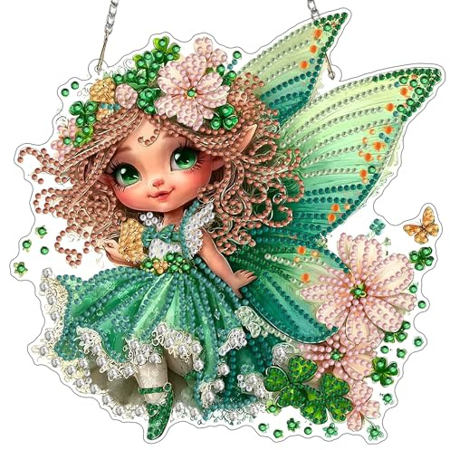 MXJSUA St. Patrick’s Day Fee Diamond Painting Anhänger mit Kette Erwachsene, Diamant Painting Fensterbilder Hängende Ornament Bastelset Set für Wand Und Eingang Decor 20x20CM