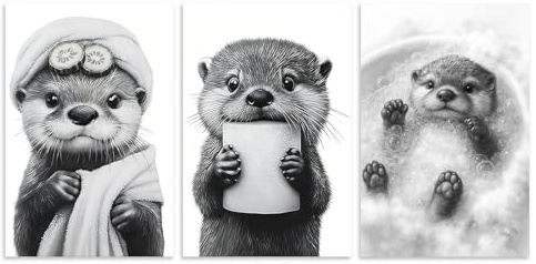 Kinretixia 3-teilige Badezimmer Deko Bilder, Schwarz-weiß Bad Poster Wandbilder, Lustige Otter Toilette Wand Deko, Leinwand Badezimmer Bilder, Ohne Rahmen - 20 X 30 cm