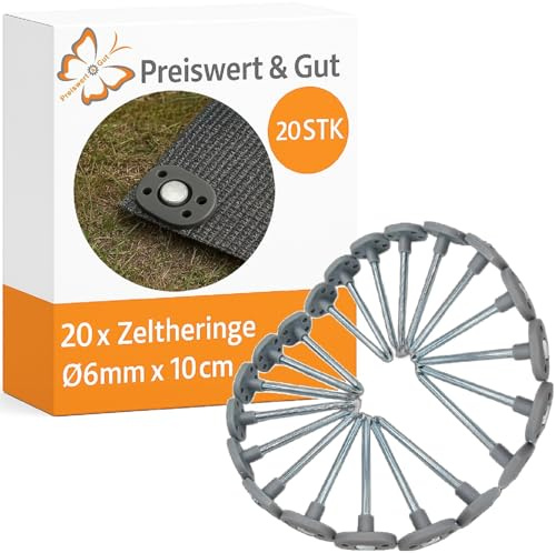 20 STK Zeltheringe für Bodenplane Camping 10 cm D 6 mm Flacher Kopf | Vorzeltteppich Heringe und Zeltnägel für Vorzelte, Sonnensegel und Pavillon, flacher Kopf gegen Stolperstellen