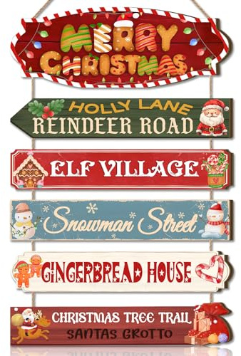 CHDITB Merry Christmas Decorations,Christmas Arrow Door Sign Wreaths,Wooden Xmas Winter Party Directional Sign,Red Santa Claus Reindeer Mistletoe Xmas Wall Hanging Decor for Outdoor Indoor