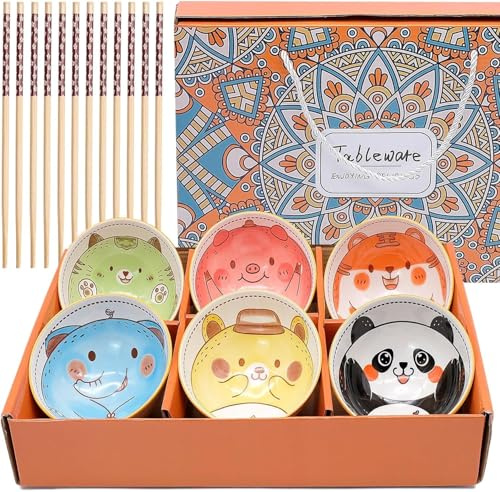 BLLREMIPSUR 6 PCS Ceramic Rice Bowls, Cute Cartoon Small Dessert Bowl, Cereal Bowls Serving Bowl Gift Set, for Oatmeal, Ice Cream, Salads, Soups