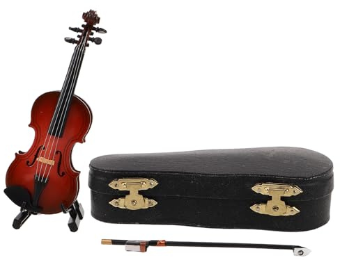 JOINPAYA Violino in Miniatura con Custodia di Violino in Legno Ornamento di Strumento Musicale da Tavolo con Archetto e Supporto Decorazione per Ufficio e Festa