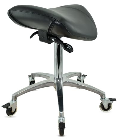 VAKON SALON - Sattelhocker mit Neigung Schwarz, Sattelstuhl, Rollhocker höhenverstellbar von 55-75 cm, Drehhocker, Praxishocker, Bürohocker, Arbeitshocker