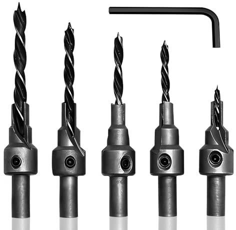 VZXZXE Juego de 5 brocas avellanadas con avellanador 3, 4, 5 y 6 mm, juego de brocas avellanadoras para madera, madera con tope de profundidad, avellanador cónico para madera, plástico