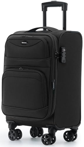 Münicase Stoffkoffer erweiterbar mit Frontfächern,15% Extra-Volumen, TSA-Schloss, 360° Doppelrollen & verdecktem Namensschild (Schwarz, Koffer M (55 cm) erweiterbar)