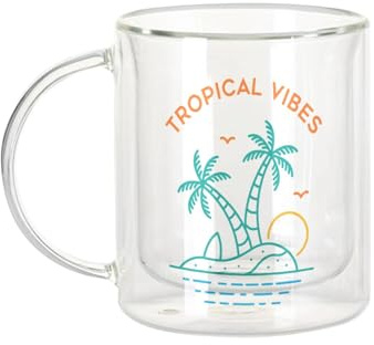 Fabulous Dubbelväggig glasmugg - tropiska vibbar minimalistisk illustration sommar strand semester - kaffekopp och isolerad 330 ml hängande effekt mot buller, tryck i Frankrike