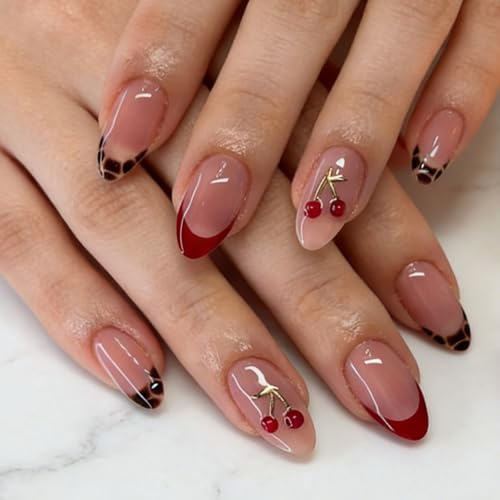 Floruvia 24 piezas Uñas postizas almendradas medianas Diseño 3D de cerezas con rama dorada, Consejos franceses rojos y estampado de leopardo, Set de uñas acrílicas con pegamento y herramientas, Uñas