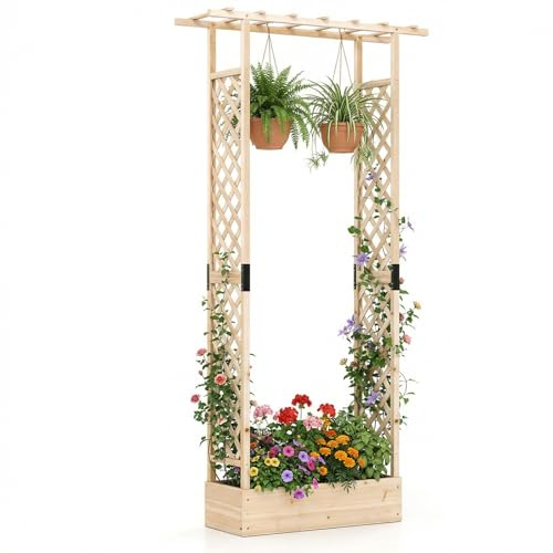 COSTWAY Blumenkasten mit Rankgitter, Pflanzkasten mit Rankhilfe & hängendem Dach, Hochbeet für Kletterpflanzen & hängende Körbe, Sichtschutz Pflanzkübel, für Garten Hof Terrasse (110x35x227 cm,Natur)