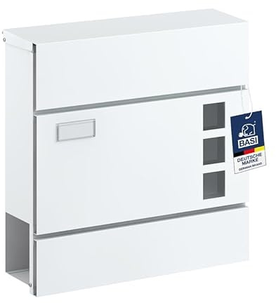 BASI | Briefkasten mit Softclose Klappe, Sichtfenster & Namensschild | DIN A4 Einwurf | inkl. 2 Schlüssel | integriertes Zeitungsfach | H37 x B37 x T10,4 cm | weiß | Wandbriefkasten Postkasten