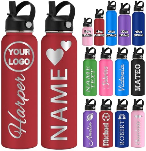 Borraccia Termica Personalizzata con Nome e Logo Incisi 350/530/700/950/1150ml In Acciaio Inox a Doppia Parete con Coperchio e Manico In Cannuccia Ideale Come Regalo per Scuola Sport e Ufficio