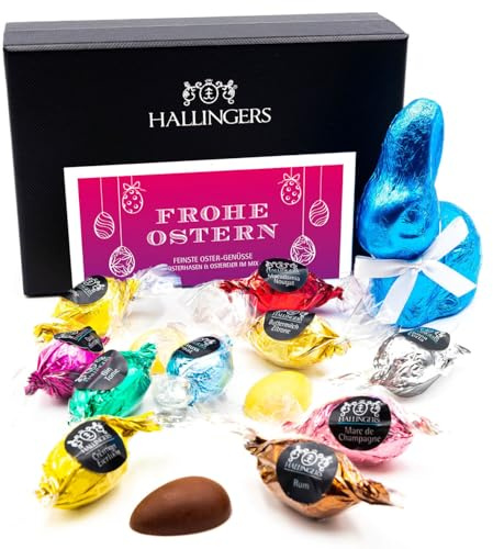 Hallingers Genuss Manufaktur Pralinen-Osterei Oster-Geschenk - mit & ohne Alkohol, handmade aus Edelkakao in wertiger Geschenkbox Frohe Ostern Ostereier & Hase, Ostern Körbchen für Frauen Männer
