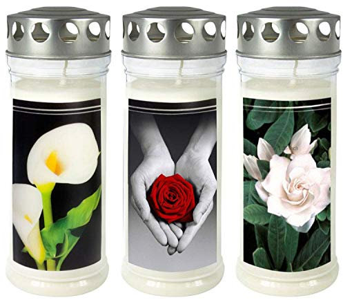 Grabkerze - Grablicht - Motivkerze - Gedenkkerze - 3er Set Dauerbrenner 150-160 Std.