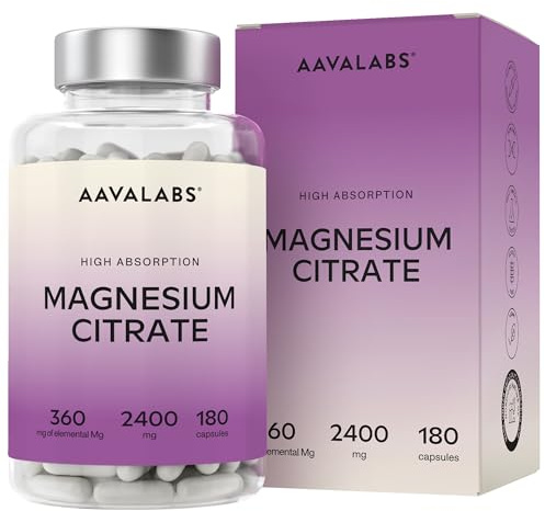 Citrate de Magnesium 2400mg dont 360mg de Magnésium Elementaire par dose quotidienne - Complément Alimentaire Magnesium Citrate Vegan Haute Teneur - Adapté aux Sportifs - 2 Mois de Cure - 180 Capsules