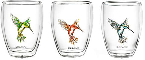 Creano 3 Bicchieri Termici Doppia Parete 250ml Colibrì - Bicchieri Vetro Borosilicato Stampa Uccello verde rosso blu – Tazza Termica Latte Macchiato Ideale Regalo - 3x 250ml