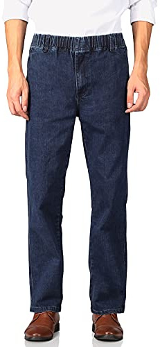 Soojun Mens Seniors Casual Loose Fit Elastic Waist Denim Pants - Blue - 36W x 30L