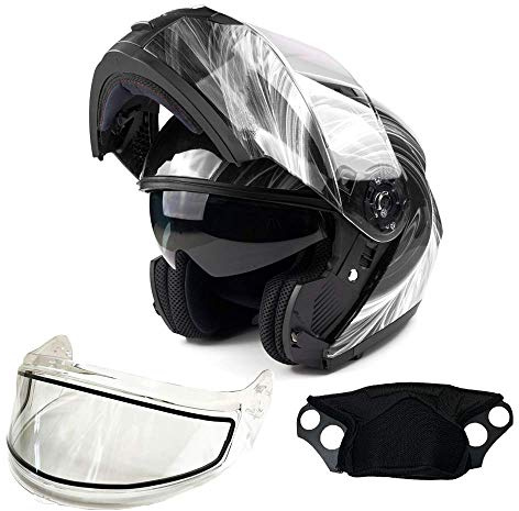 Typhoon TH158 Adult Dual Visor Modular Snowmobile Helmet DOT Full Face Flip-up (Whie/Black, Large)