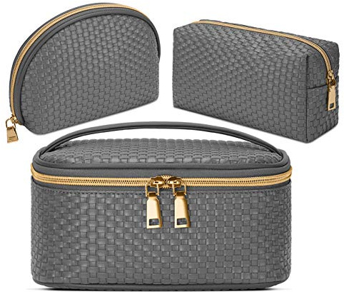 KTMOUW Kulturbeutel für Damen, großes Fassungsvermögen, Kosmetiktasche, mit wasserdichter PU-Tasche, Kosmetiktasche, Reisetasche, 3-teilig, grau, L