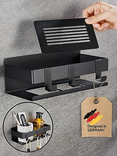 DEKAZIA® Duschablage Edelstahl Schwarz - Selbstklebendes Duschregal ohne Bohren mit Rostfreiem Material, Herausnehmbarem Boden und Starker Klebefläche