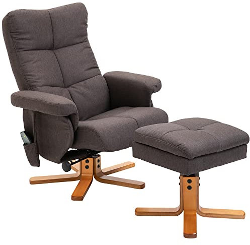 HOMCOM Relaxsessel mit Hocker, 360°drehbarer Fernsehsessel mit Massage, Liegefunktion, Massagesessel mit Seitentasche, TV-Sessel, Polyester für Wohnzimmer Braun