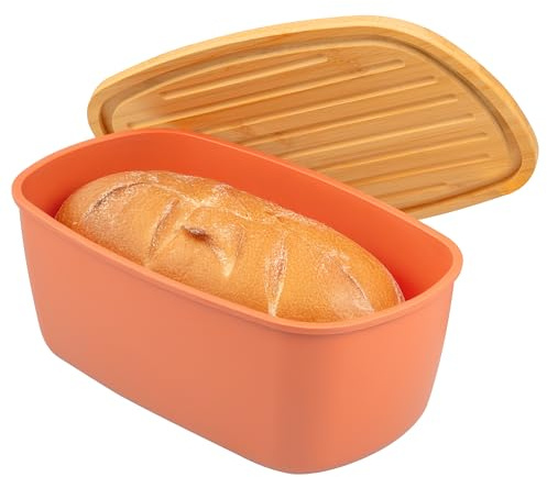bremermann Brotkasten mit Bambus-Deckel, Brotbox mit Schneidebrett, Brottopf, rot, oval