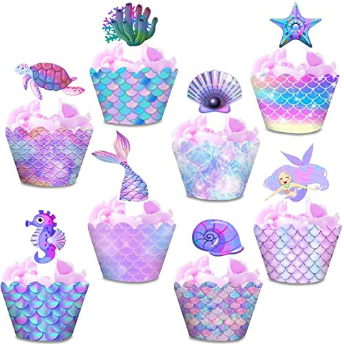 Esteopt Meerjungfrau Tortendeko, 48 Stück Kuchen Deko Kinder Frauen Geburtstags Deko, für Cupcake Toppers Wrappers Meerjungfrau Thema Party Dekoration