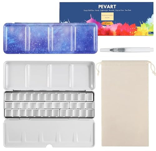 PEVART 40-teiliges Set aus 1 leer Aquarellkasten Malkasten Metallkasten leer Mal-Paletten, 37 Leere Aquarell Pfannen Wannen Näpfen für Aquarellfarben, 1 Wassertankpinsel, 1 Aufbewahrungstasche