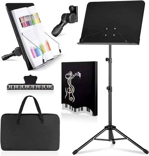 Walgreen Xample Black Sheet Music Stand Foldable Travel Metal Stand Adjustable DMS-1 with Carrying Bag, Sheet Music Folder, Clip Holder and Rotating Lights, Portable Projector Stand, Laptop Stand