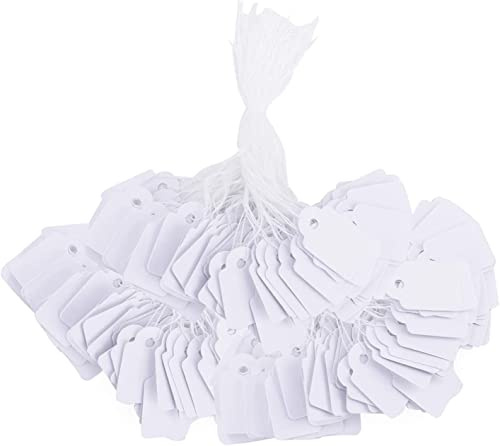 FAMIDIQGO Pack Med 100 Vita Prislappar, Presentetiketter, Smyckesvisningsetiketter, Skrivbara Papper, Hängande Etiketter Med String för Flea Mark, Smycken, Kläder