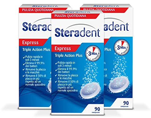 Steradent Triple Action Plus, 90 Compresse 3 Confezioni, Maxi formato