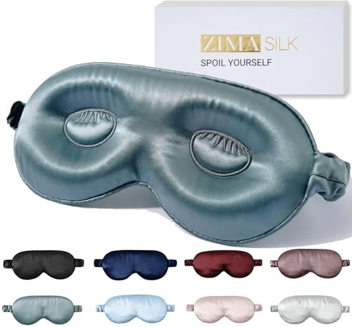 ZIMASILK Verstellbare 22 Momme 100% Maulbeerseide Schlafmaske, 3D konturierte Cup-Augenmaske zum Schlafen, superweiche, atmungsaktive Augenbinde, blockiert Licht zum Schlafen (Blaustein)