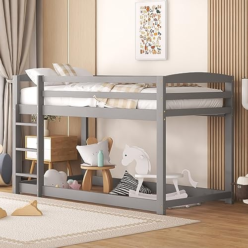 Kehun Kinderbett Etagenbett 90x200, Hochbett Hausbett mit Rutsche und Rausfallschutz für 2 Kinder, Holzbett mit Leiter, Bett Bettgestell aus Massivem Kiefernholz, Grau, ohne Matratze