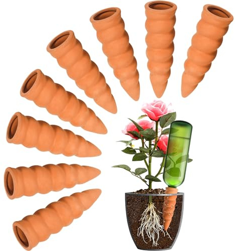 POWZOO Lot de 8 Cône en Argile d’arrosage, Arrosage en Terre Cuite,Système d'Irrigation Naturel, arrosage Automatique pour Jardin Plantes d'intérieur.jardinières et Plantes en Pot, Terre Cuite,Marro.