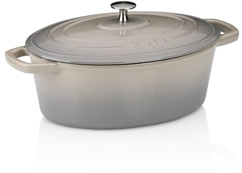 kela Casseruola ovale in ghisa da 4 litri, olandese calido, cottura a induzione con coperchio, pentola in ghisa per cuocere il pane, smaltato, grigio chiaro
