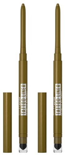 Maybelline New York Tattoo Liner Automatischer Augenstift aus Gel, wasserfest, langer Halt 36 Stunden, mit Schwamm zum Verblenden der Farbe Emerald Energy – 2 Kosmetika