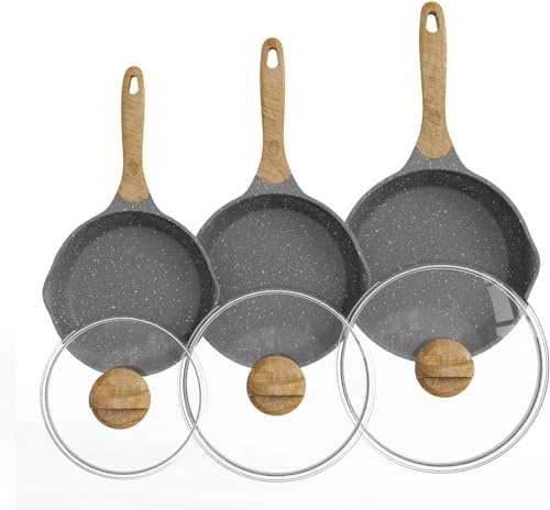 JEETEE Pfannenset 6 Teiliges Mit Glasabdeckung, Bratpfanne set 20cm 24cm 28cm, Induktion Geeignet,Aus Geschmiedetem Aluminium mit Antihaftbeschichtung, für alle Herdarten,PFOA-frei(Grau)