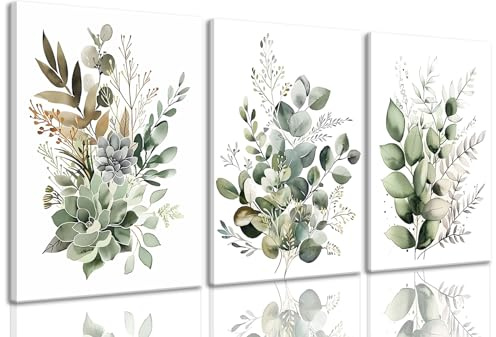 Bwodke Botanical Wall Art Plant Floral Watercolor Canvas Prints Set of 3 Framed Sage Green Painting Eucalyptus Leaf Picture Modern Minimalist Boho Decor Bedroom Bathroom Living Room 12x16