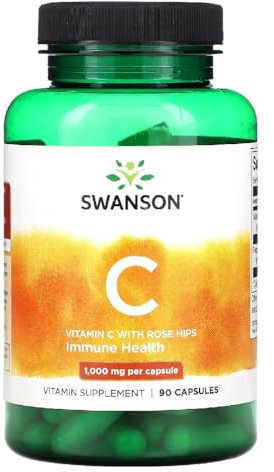 Swanson - VITAMIN C WITH ROSE HIPS 1000 MG | Vitamina C con Rosa Mosqueta | Apoyo al Sistema Inmunológico y Antioxidación - 90 Cápsulas