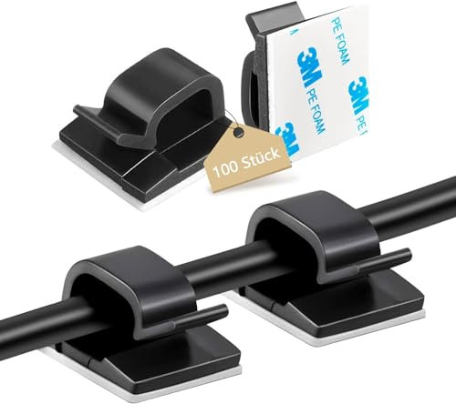 Abnii 100 Stück Kabelhalter, Outdoor Indoor Kabelclips Selbstklebend für Kabelmanagement, Kabelführung Organizer Kabelklemmen Haken Draht Halter für Kabelbefestigung Lichterkette, Groß 3M Schwarz