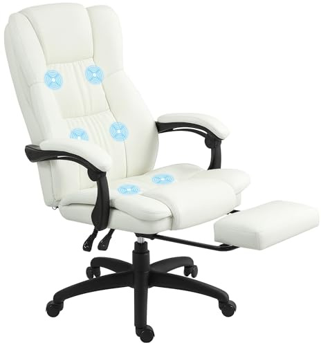 Vinsetto Bürostuhl mit Massagefunktion Ergonomischer Chefsessel mit Liegefunktion, Fußstütze Höhenverstellbar 360° Drehbar Computerstuhl mit Fernbedienung, Kunstleder, Cremeweiß