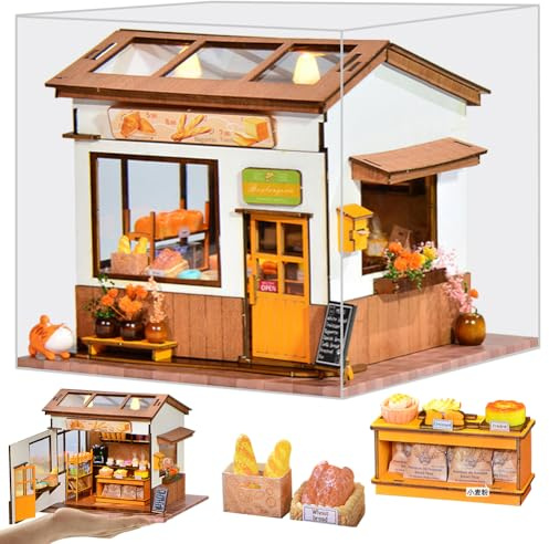 TOPBSFARNY Kit maison miniature pour adultes, boulangerie, maison de poupées avec porte ouverte, lumières LED, meubles inclus, cadeau d'anniversaire pour femme/homme (avec housse anti-poussière)