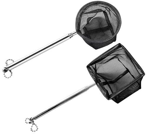 2Pcs Aquarium Net, Tiny Fish Tank Net, Soft Round/Square Fine Mesh With 5-15 Inch Extendable Stainless Steel Handle for Tanks & Small Ponds (Black)