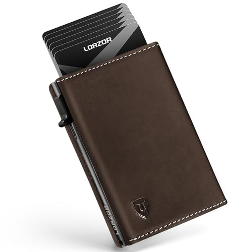 LORZOR Wallet for Men with Metal Card Holder, Pop Up Wallet, Finest Full Grain Leather Trifold Wallet, Smart, Minimalist, RFID Blocking, Front Pocket, ID Window, Brown/Grey