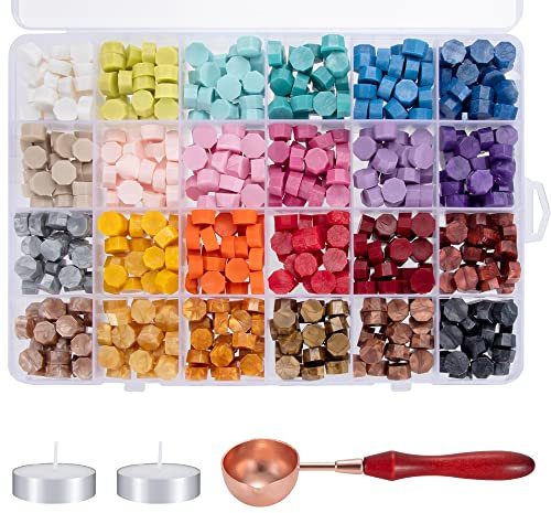 Kit de Cachet de Cire 24 Couleurs, 600 Pièces Perles à Cacheter avec 2 Bougies 1 Cuillère pour Invitations de Mariage, Cartes, Enveloppes, Emballage Cadeau, Timbres