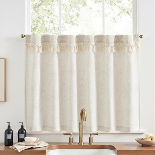 Vangao Quasten Scheibengardinen Modern Küche Beige Leinenoptik Bistrogardine 1er Set 125Bx90Hcm mit Stangendurchzug Wohnwagen kinderzimmer Landhausstil Gardinen Kurz lichtdurchlässig Küchengardinen