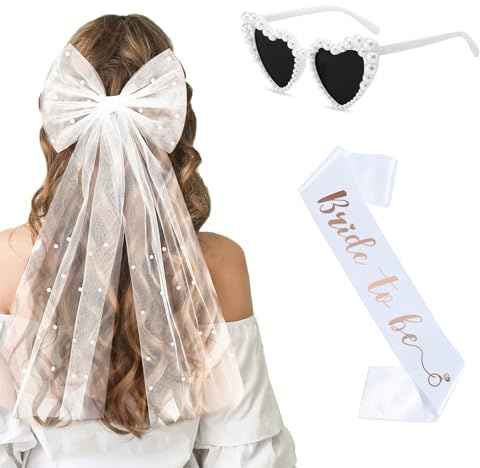 CAIXIANGYU 3 Stück JGA Accessoires Set Damen, JGA Schleier Braut, Herz Sonnenbrille Perle, Bride to Be Schärpe für Hochzeitsfotografie (Weiße)