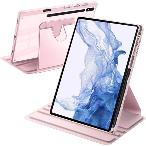 A-BEAUTY Funda para Samsung Galaxy Tab S7 FE/S8 Plus/S7+ 12,4 Pulgadas Rosa | con S Pen Soporte, Soporte Giratorio de 360° Cubierta Trasera Transparente, Auto-Sueño/Estela