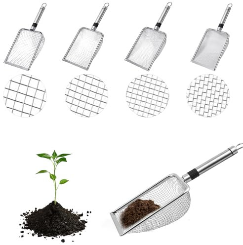 YELKOEYN 4 Pcs Garden Soil Mesh Sifter Set- Stainless Steel Sifting Shovel, Garden Riddle Mesh, Gardening Sieve for Soil and Stones, Cat Litter Scoop (2/2.8/3.8/5mm)