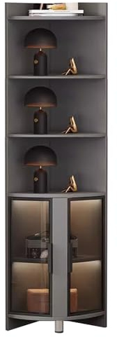 ENHEN Glasvitrine Eckvitrine mit Beleuchtung, 200 cm Hoch, Geschwungene Figurenaufbewahrung, Spirituosenschrank für Schlafzimmer und Büro, Bücherregal Aus Glas(Grey+Black)