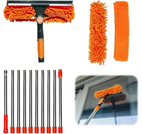 Fensterwischer Fensterputzer Set mit 4,5M Teleskopstange, 2-in-1 Fensterreiniger mit Mikrofasertuch und Abzieher, Professioneller Fensterputzer für Hohe Fenster Innen Außen Wand Autoglas (Orange)