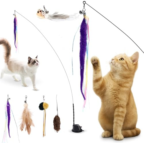 TiooDre Interaktives Katzenspielzeug, Federstab Katze Spielzeug mit 5 Katzenköder Katzenangel mit 1 Saugnäpfen, Lang Katzen Angel Spielzeug für Kleine Große Katzen
